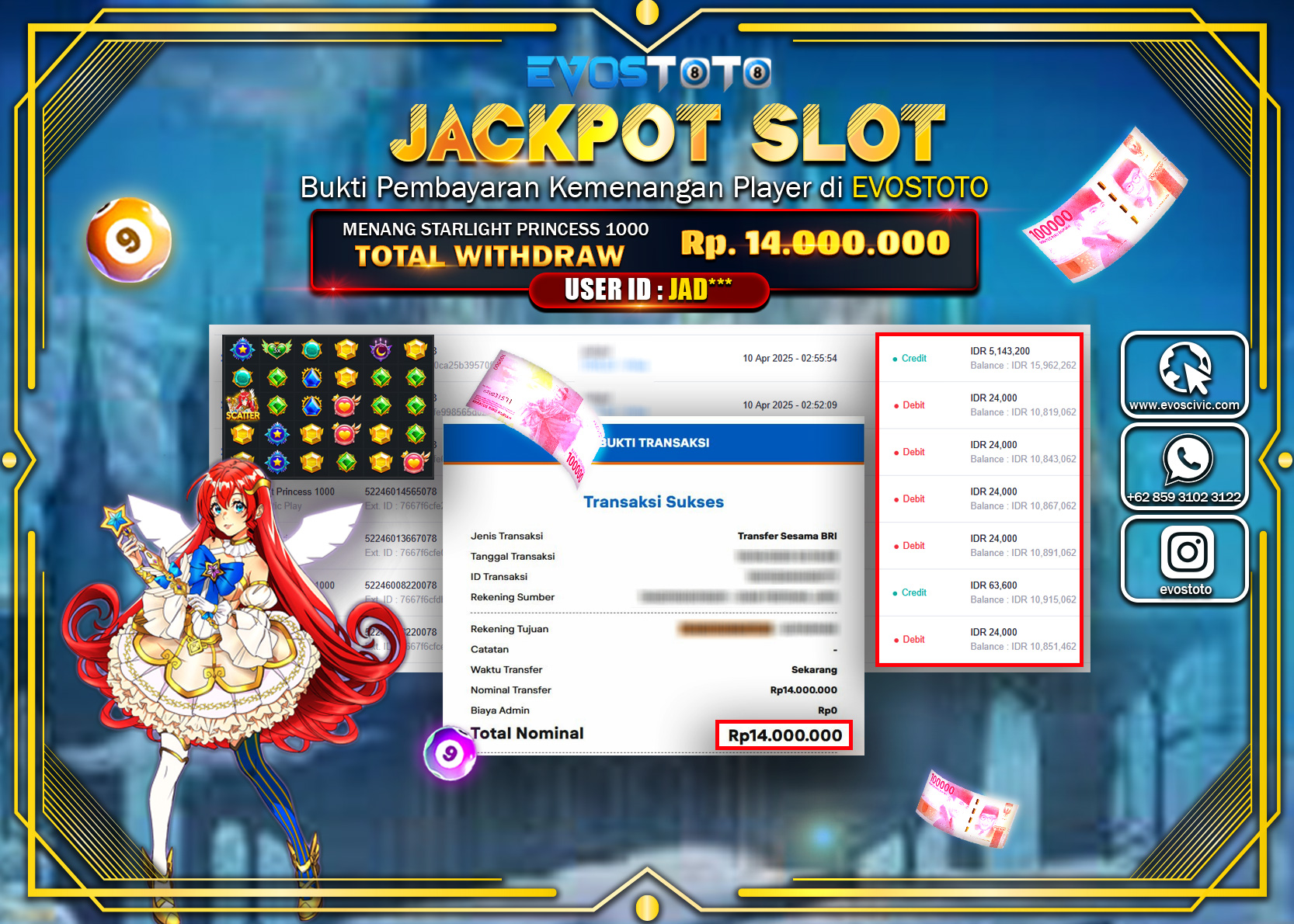 PEMBAYARAN JACKPOT SLOT STARLIGHT PERINCESS 1000  14.000.000 DI BAYAR LANGSUNG !