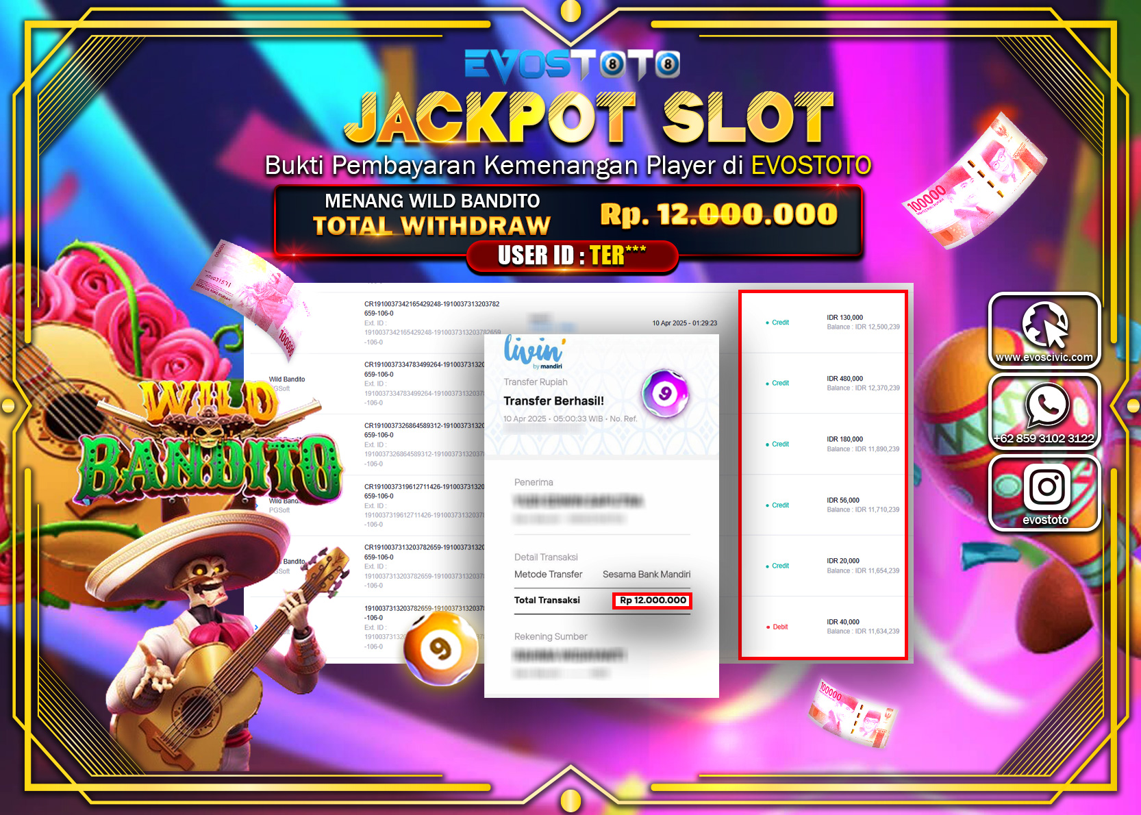 PEMBAYARAN JACKPOT SLOT WILD BANDITO  12.000.000 DI BAYAR LANGSUNG !